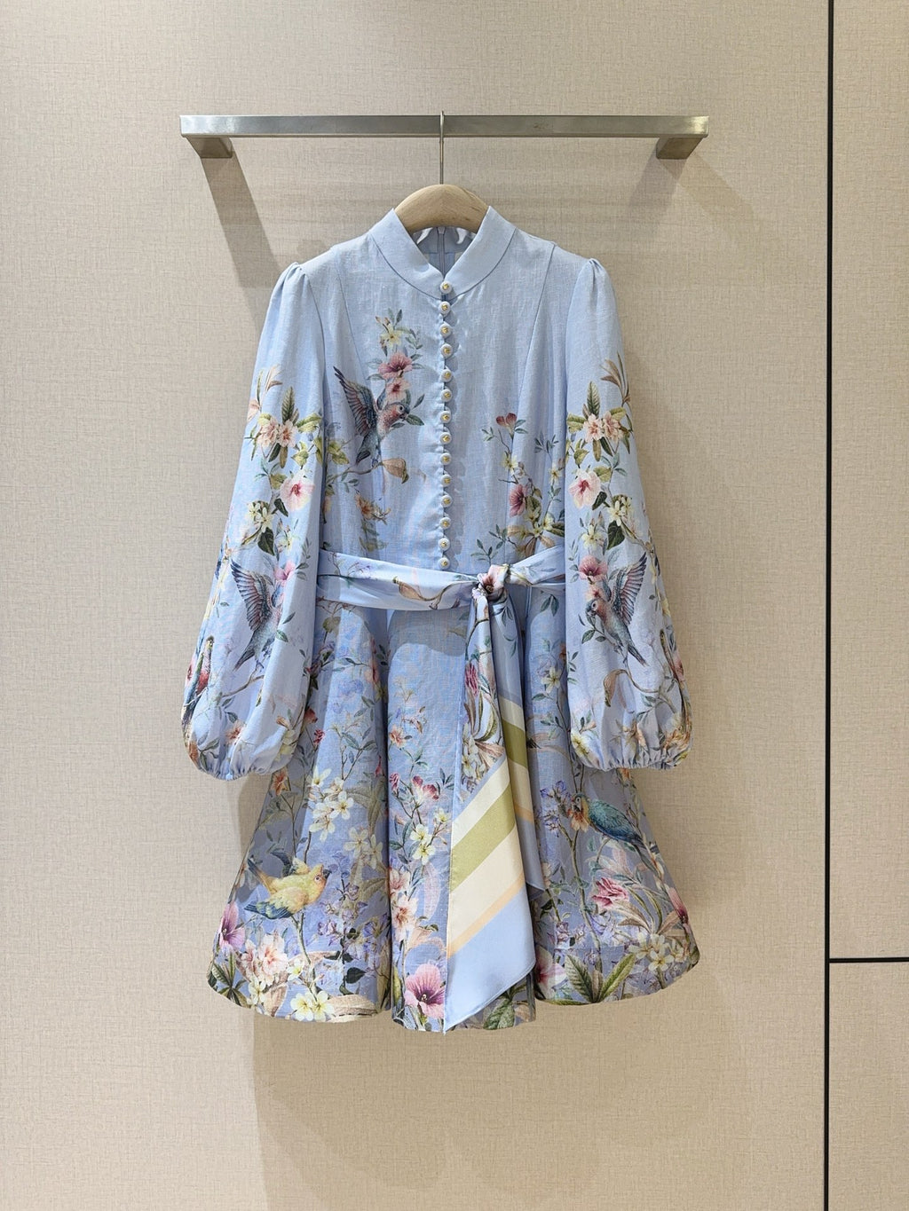 Linen Stand-Collar Dress with Lantern Sleeves