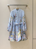 Linen Stand-Collar Dress with Lantern Sleeves