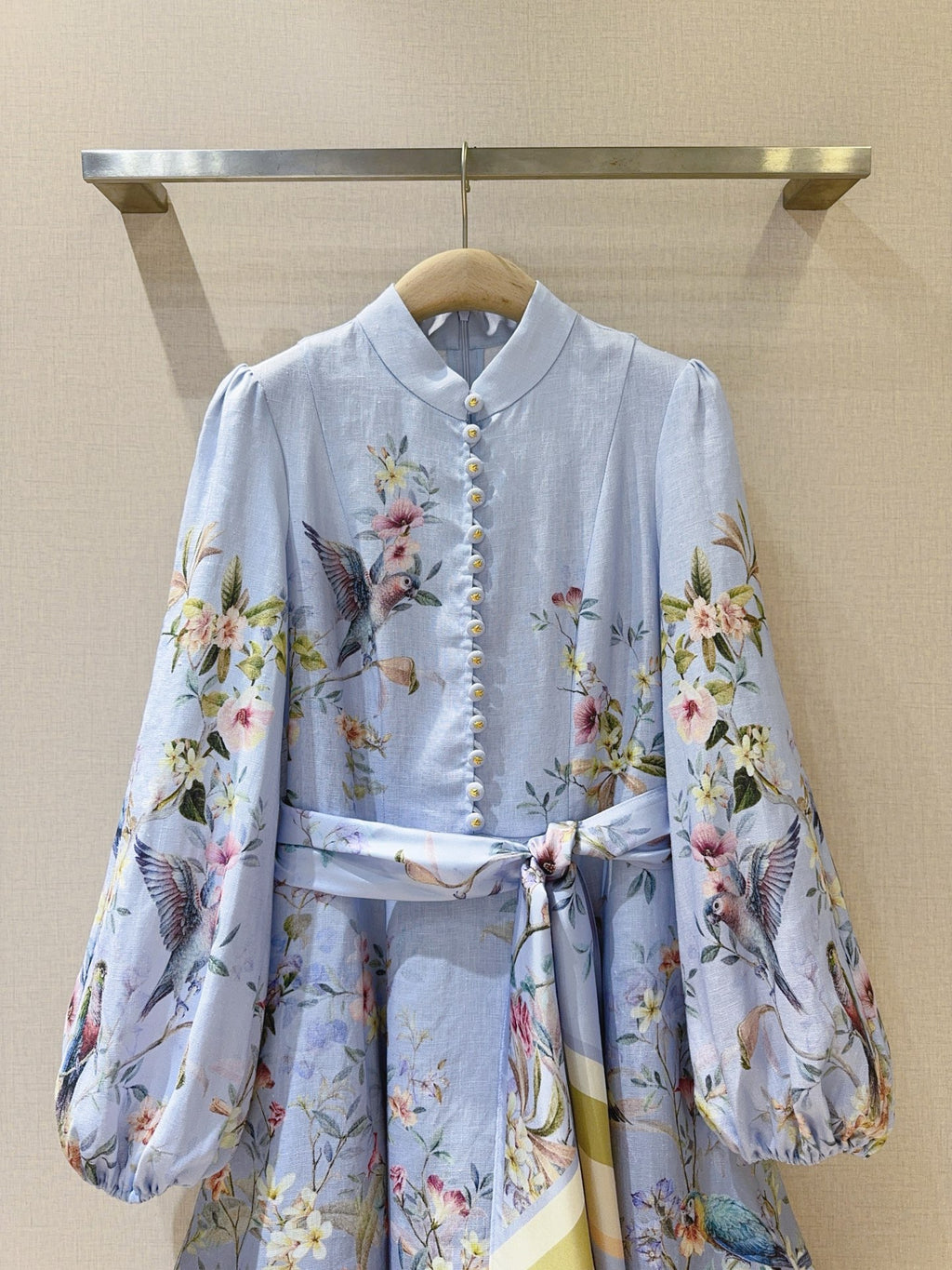 Linen Stand-Collar Dress with Lantern Sleeves