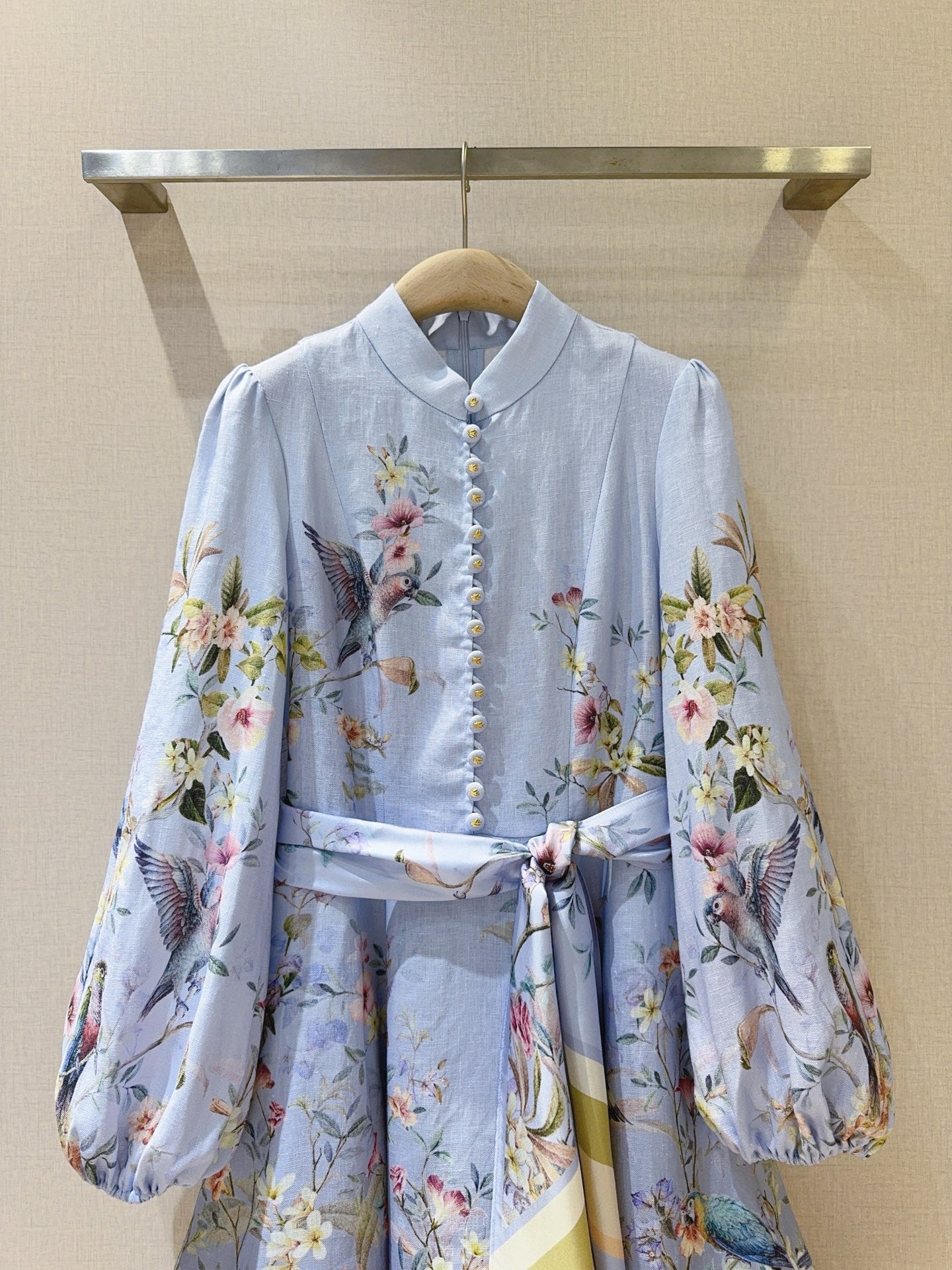 Linen Stand-Collar Dress with Lantern Sleeves