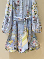 Linen Stand-Collar Dress with Lantern Sleeves