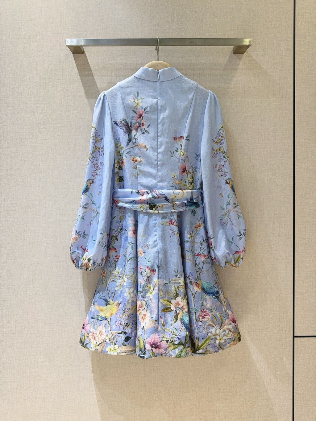 Linen Stand-Collar Dress with Lantern Sleeves