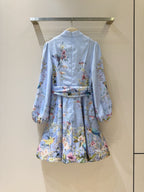 Linen Stand-Collar Dress with Lantern Sleeves