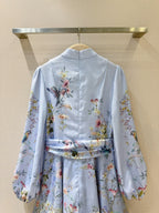 Linen Stand-Collar Dress with Lantern Sleeves