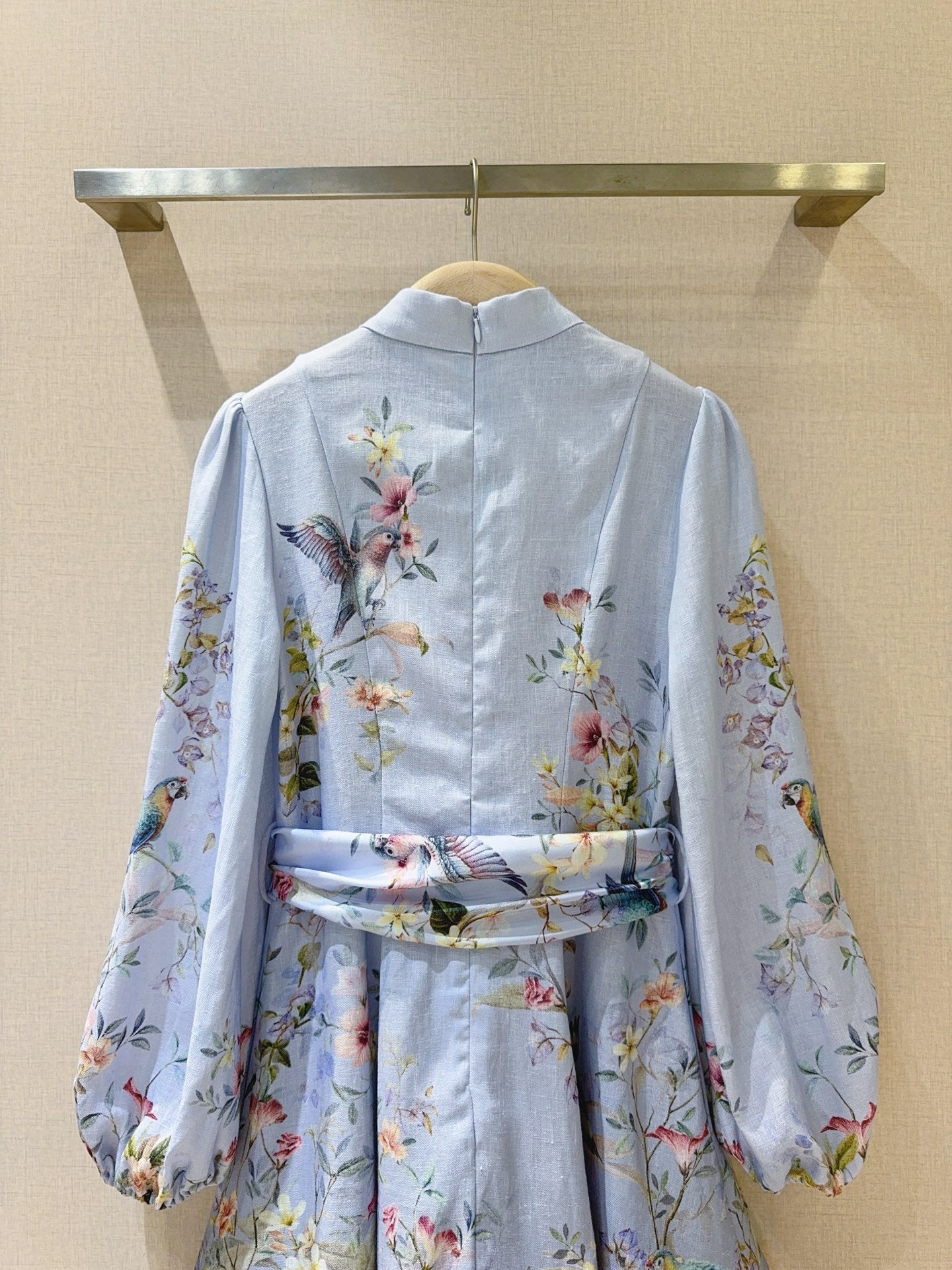 Linen Stand-Collar Dress with Lantern Sleeves