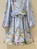 Linen Stand-Collar Dress with Lantern Sleeves