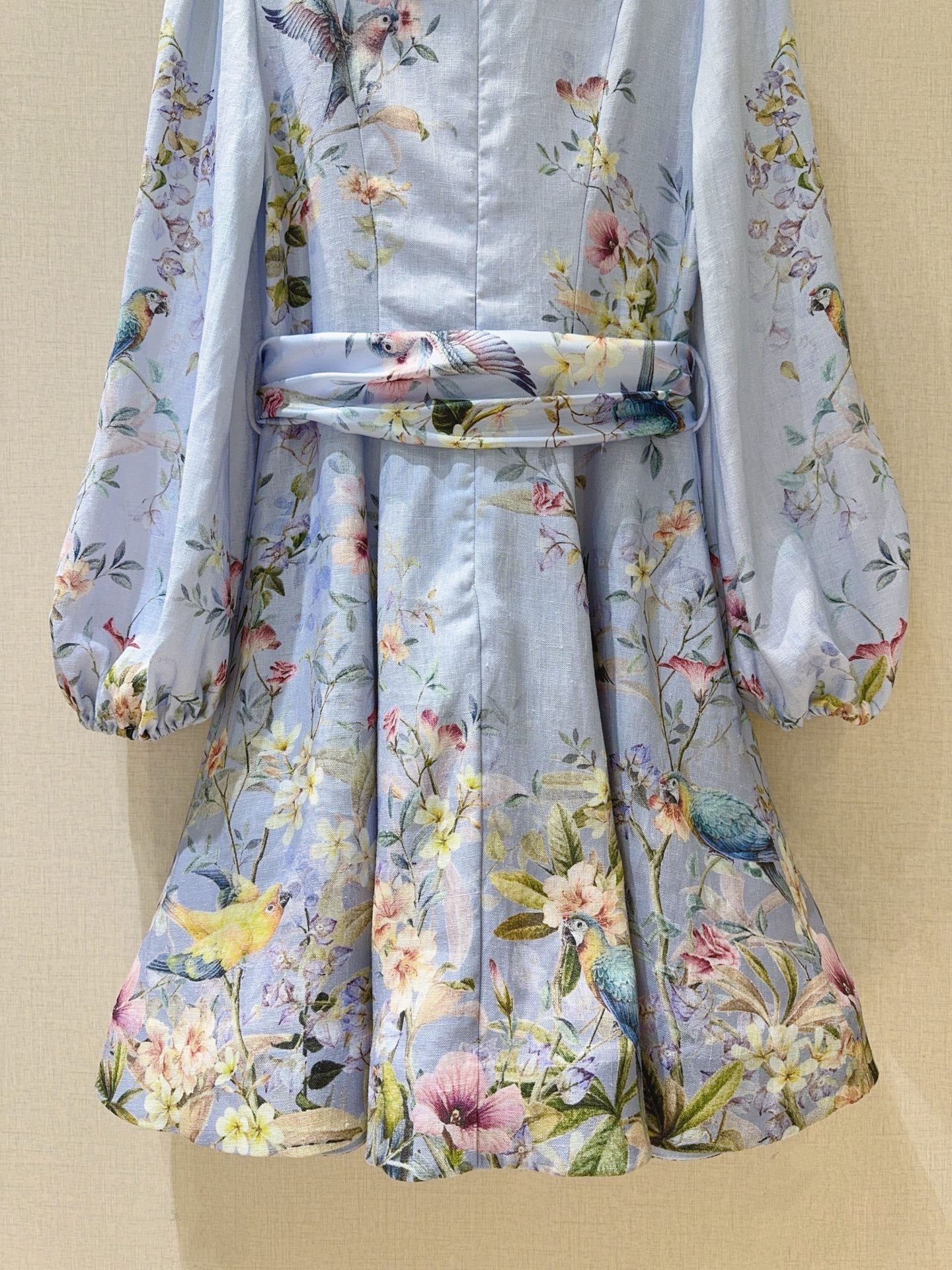 Linen Stand-Collar Dress with Lantern Sleeves