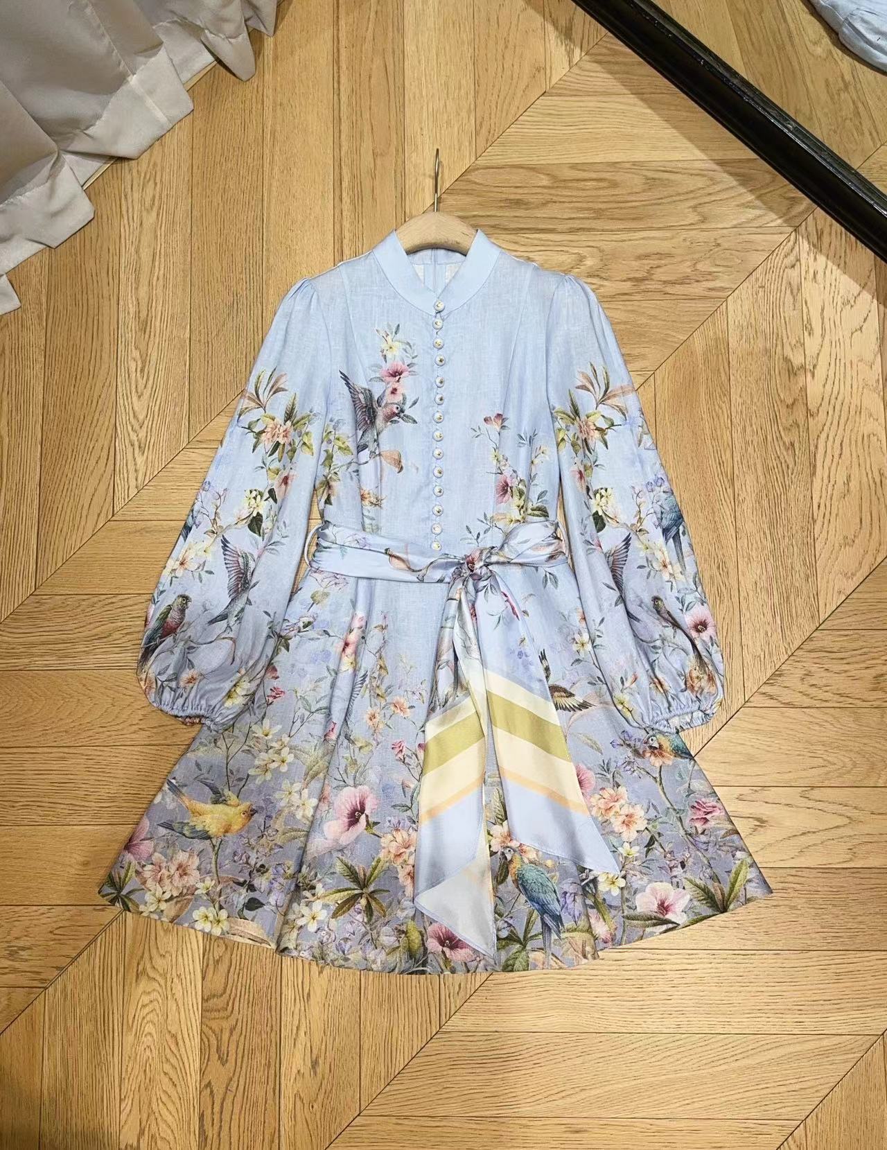 Linen Stand-Collar Dress with Lantern Sleeves