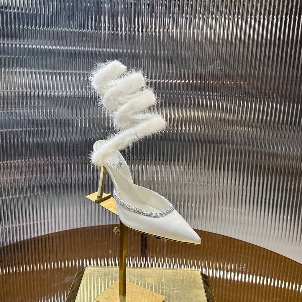 Snake-Wrap Mink Fur Crystal Heels - (Premium Quality)