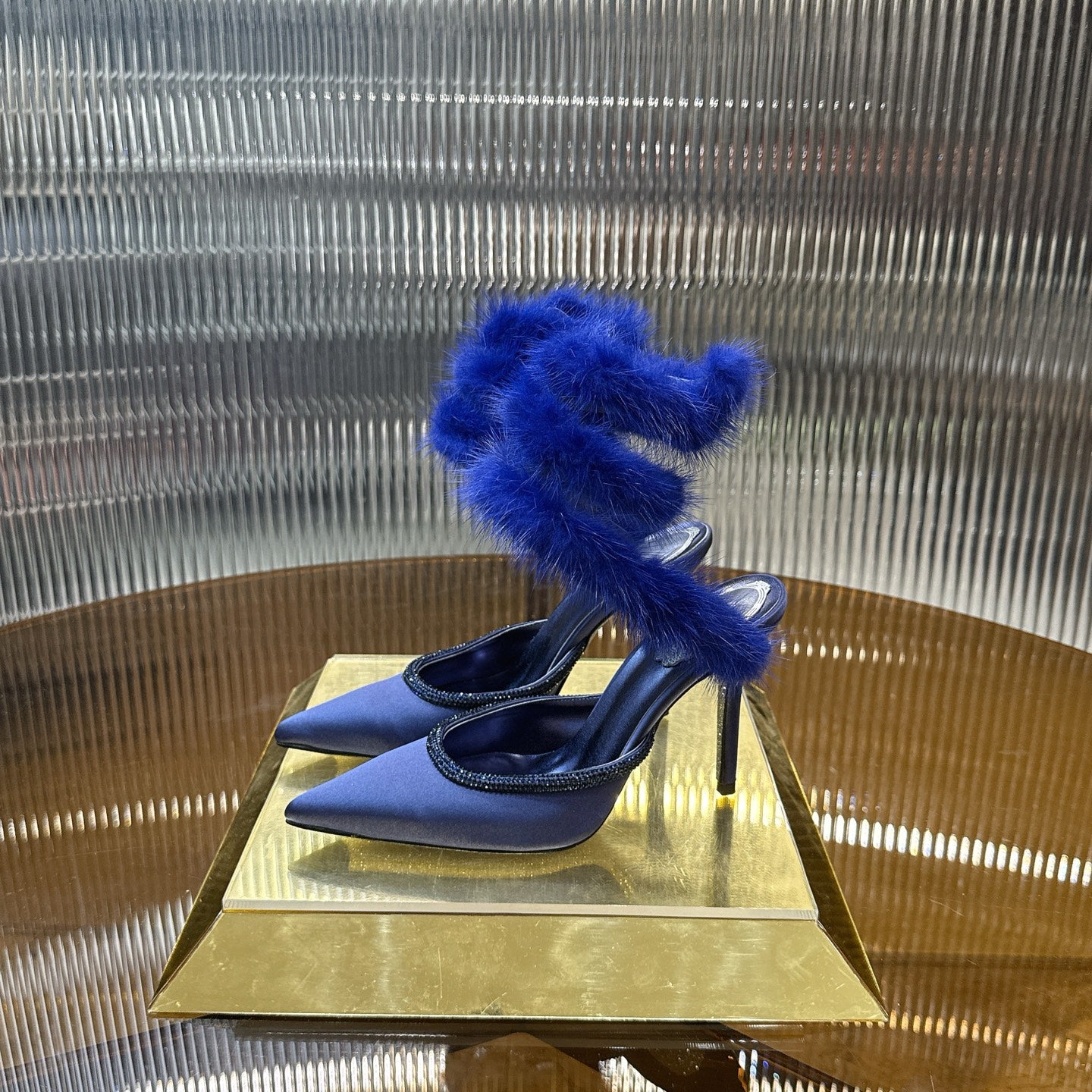 Snake-Wrap Mink Fur Crystal Heels - (Premium Quality)