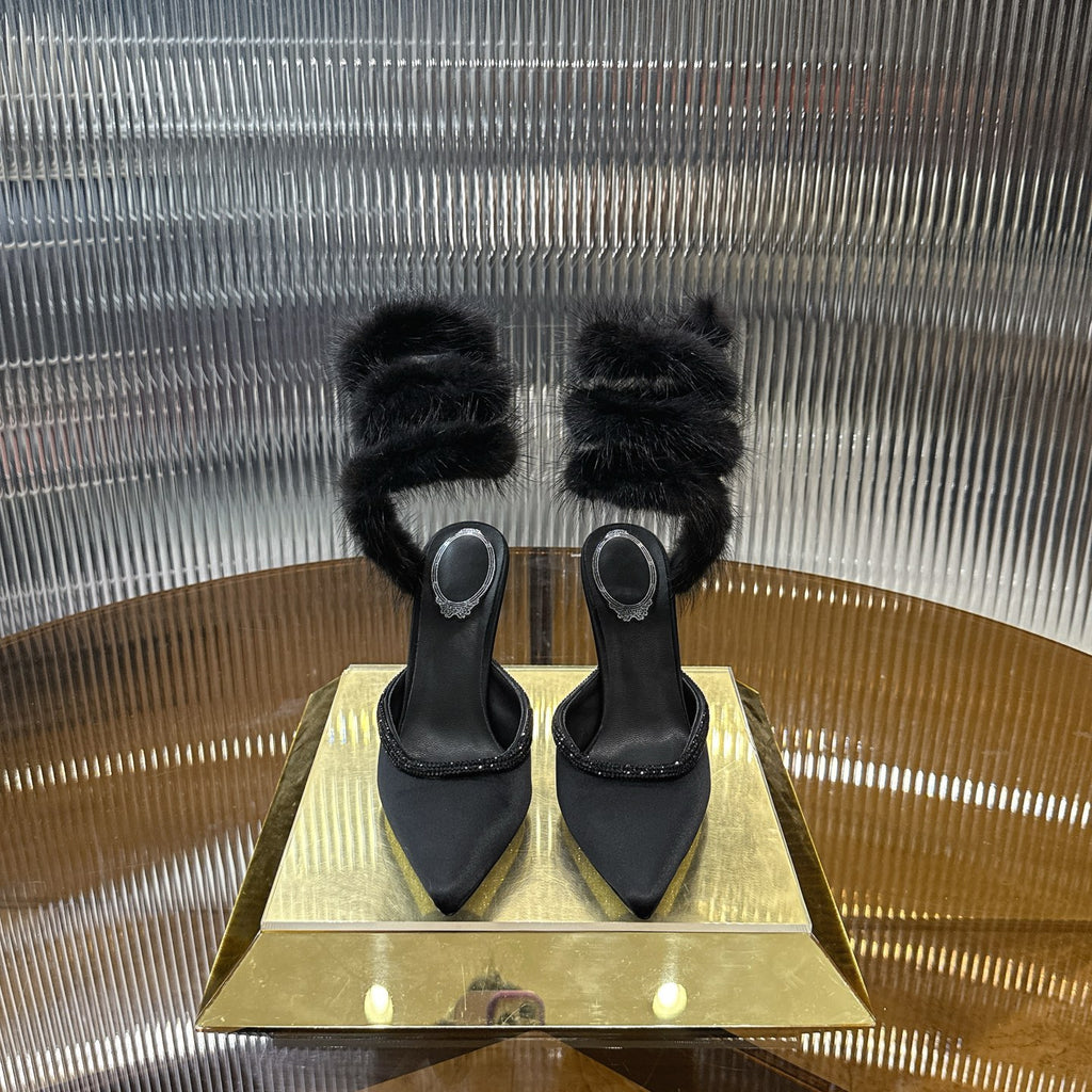 Snake-Wrap Mink Fur Crystal Heels - (Premium Quality)