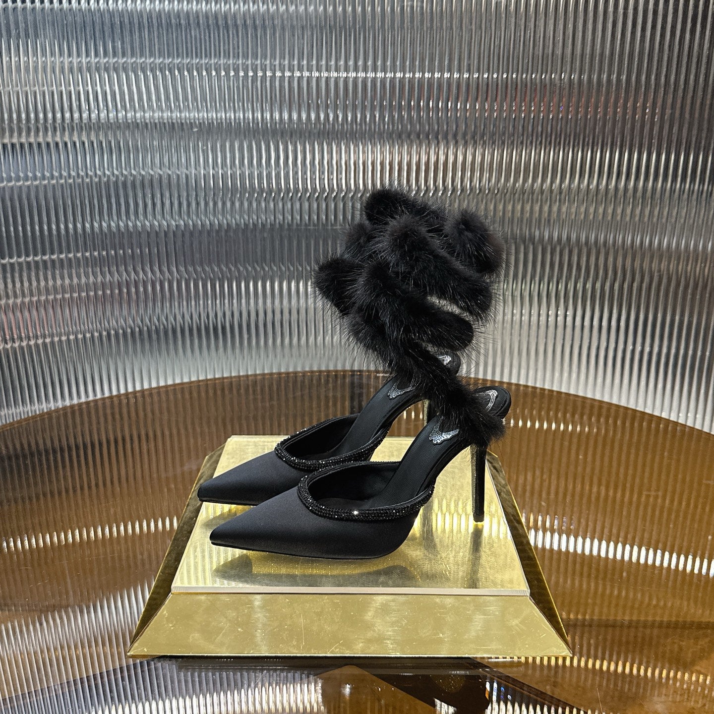 Snake-Wrap Mink Fur Crystal Heels - (Premium Quality)