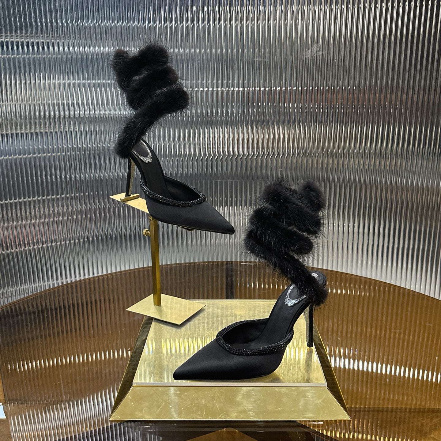 Snake-Wrap Mink Fur Crystal Heels - (Premium Quality)