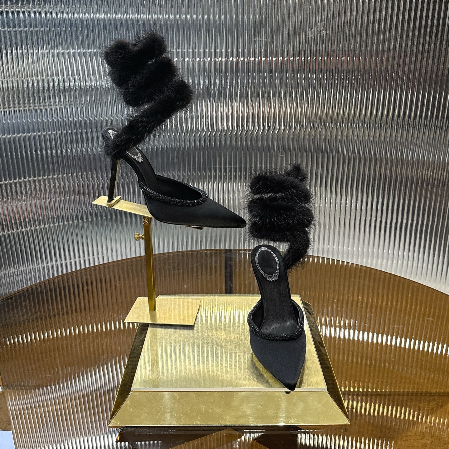 Snake-Wrap Mink Fur Crystal Heels - (Premium Quality)