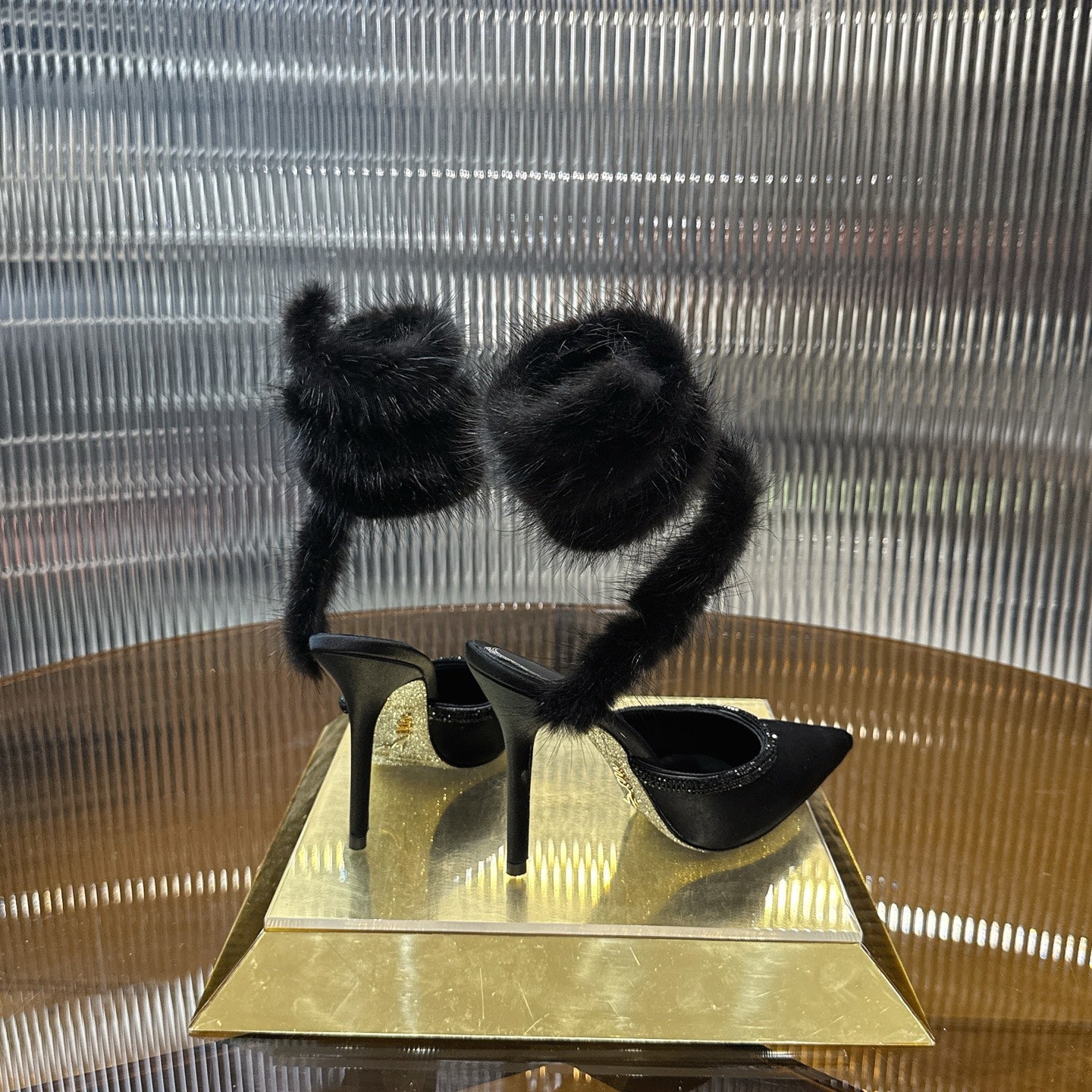 Snake-Wrap Mink Fur Crystal Heels - (Premium Quality)