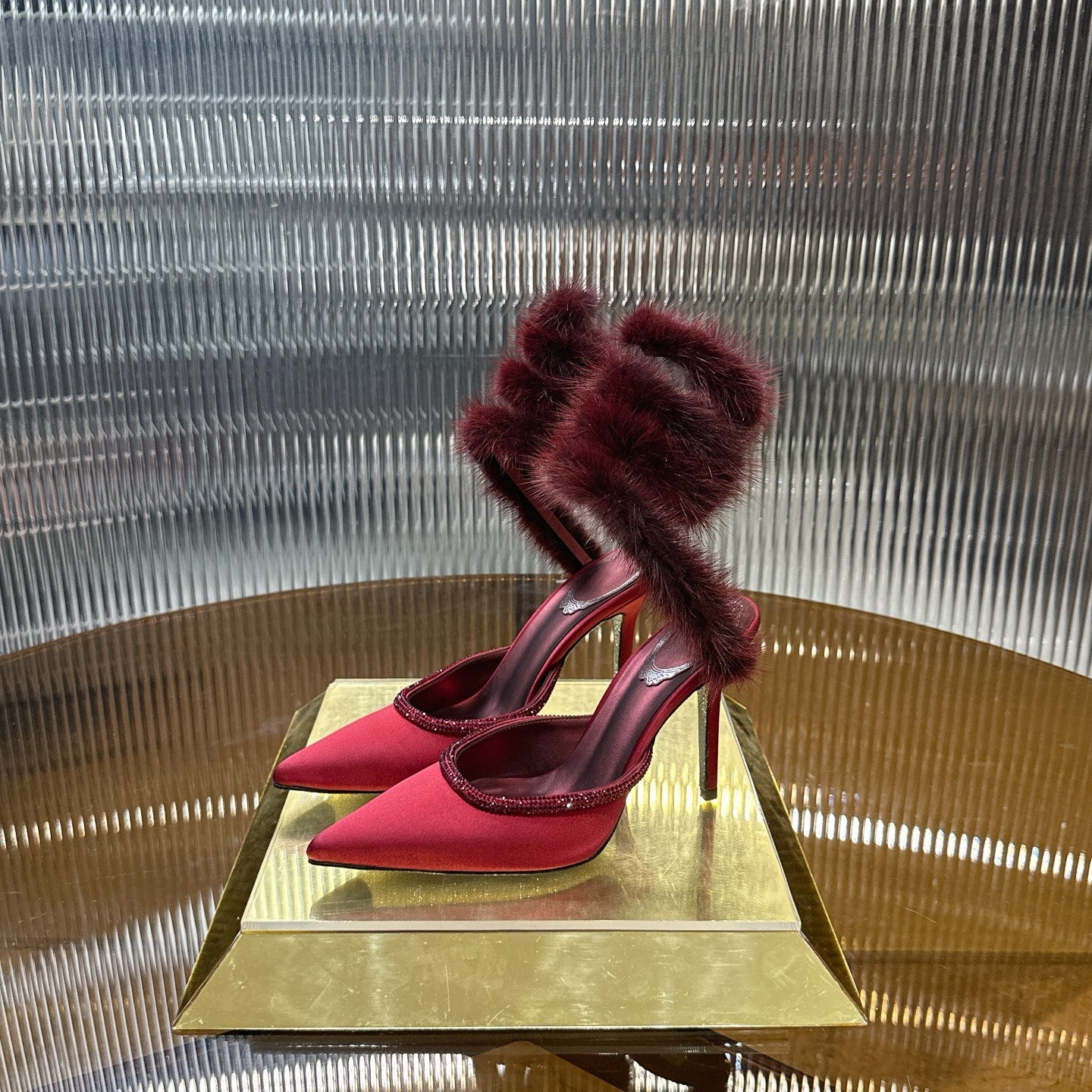 Snake-Wrap Mink Fur Crystal Heels - (Premium Quality)