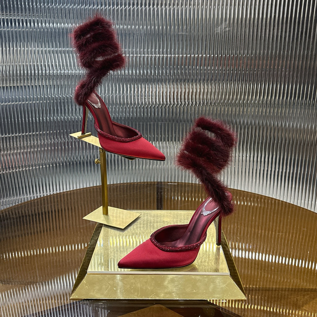 Snake-Wrap Mink Fur Crystal Heels - (Premium Quality)