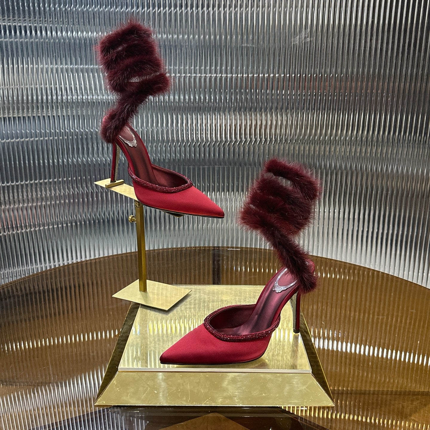 Snake-Wrap Mink Fur Crystal Heels - (Premium Quality)