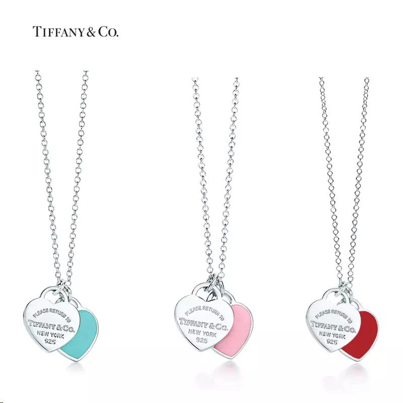 Double Heart Tag Enamel Necklace – Blue Edition