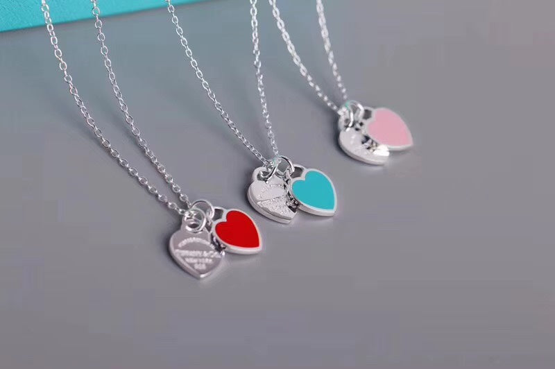Double Heart Tag Enamel Necklace – Blue Edition