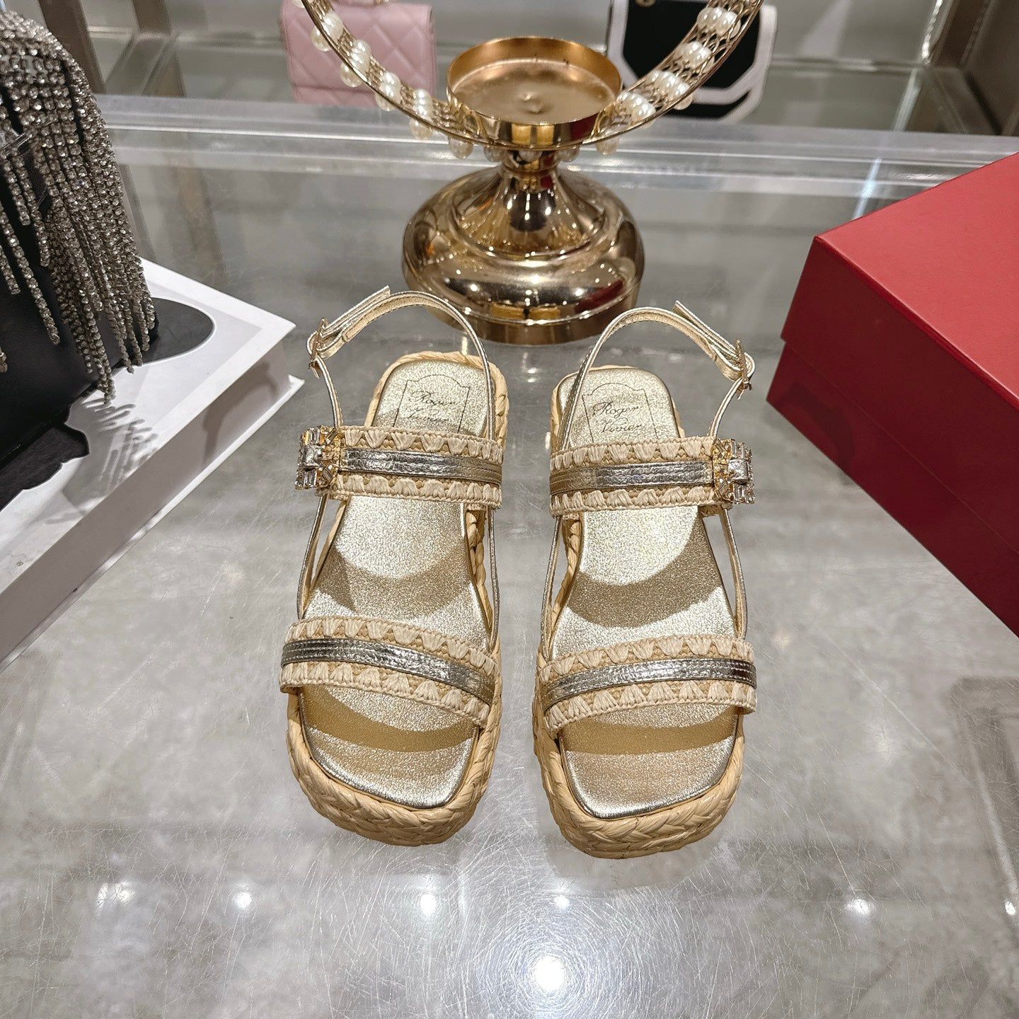Platform Woven Sandals with Crystal Buckle