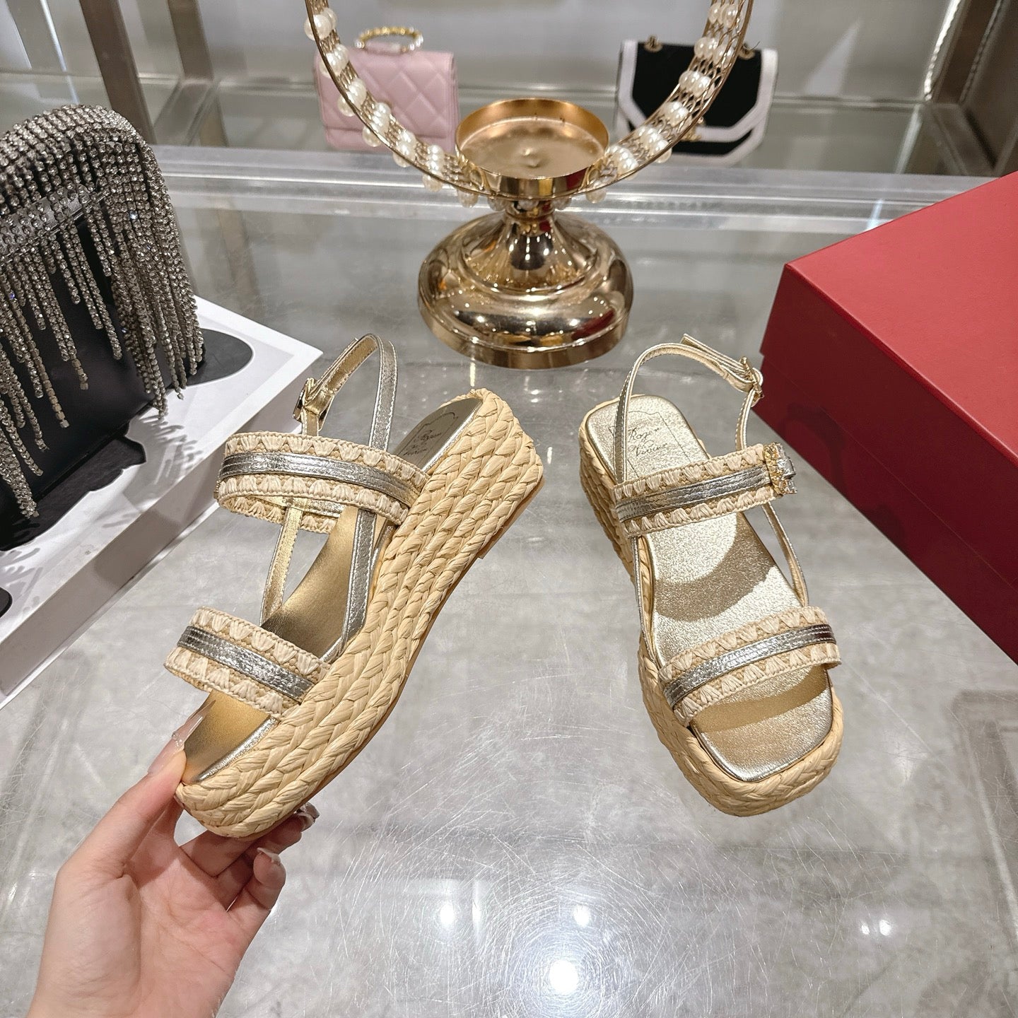 Platform Woven Sandals with Crystal Buckle