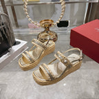 Platform Woven Sandals with Crystal Buckle