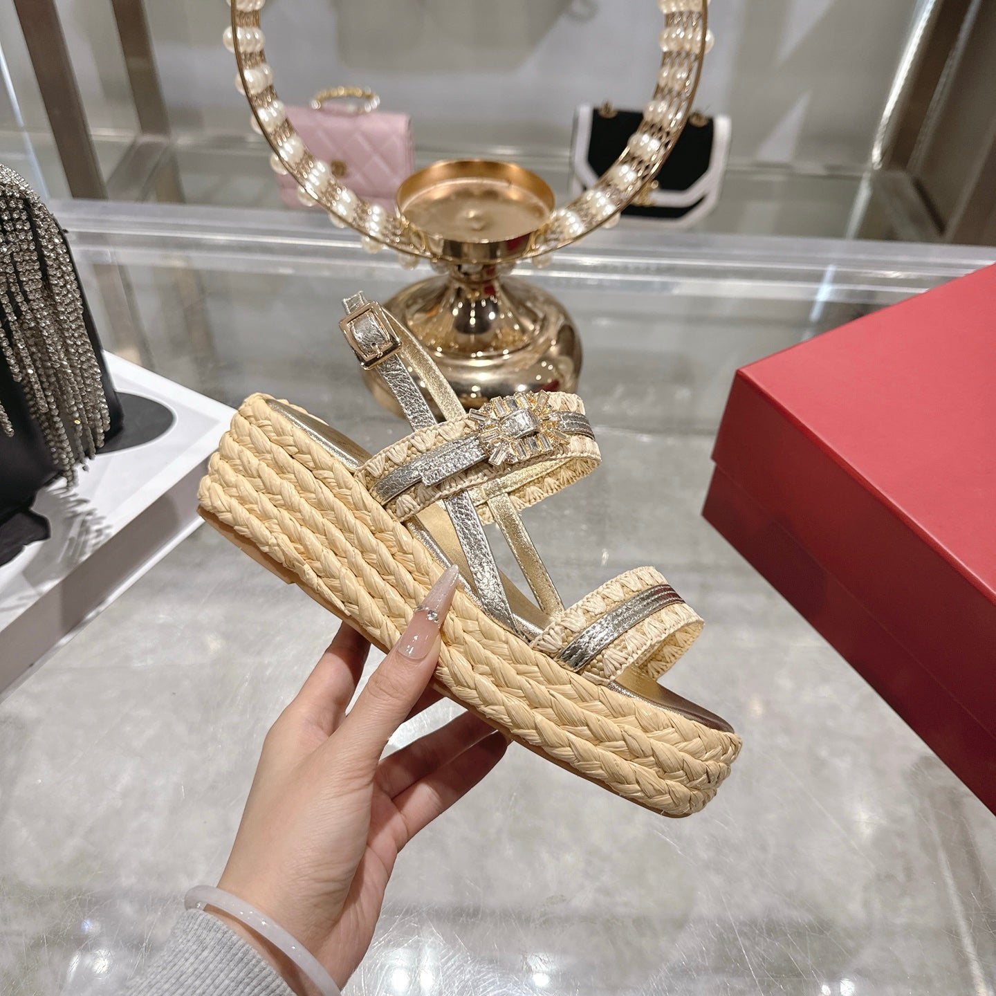 Platform Woven Sandals with Crystal Buckle