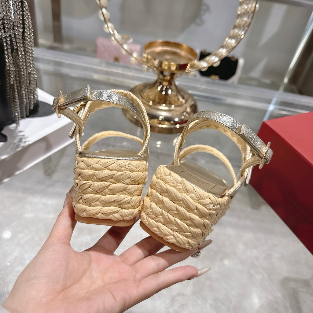Platform Woven Sandals with Crystal Buckle