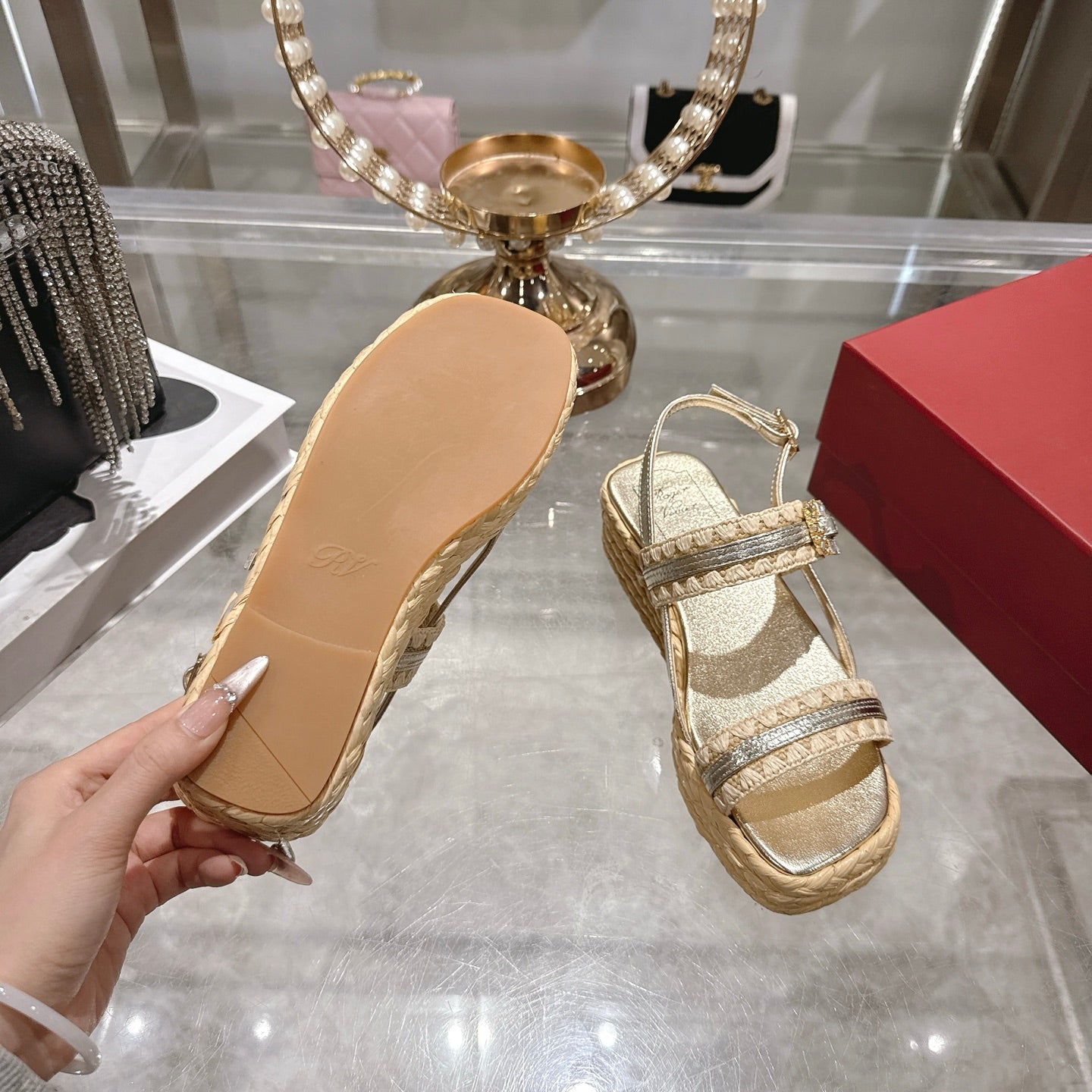 Platform Woven Sandals with Crystal Buckle