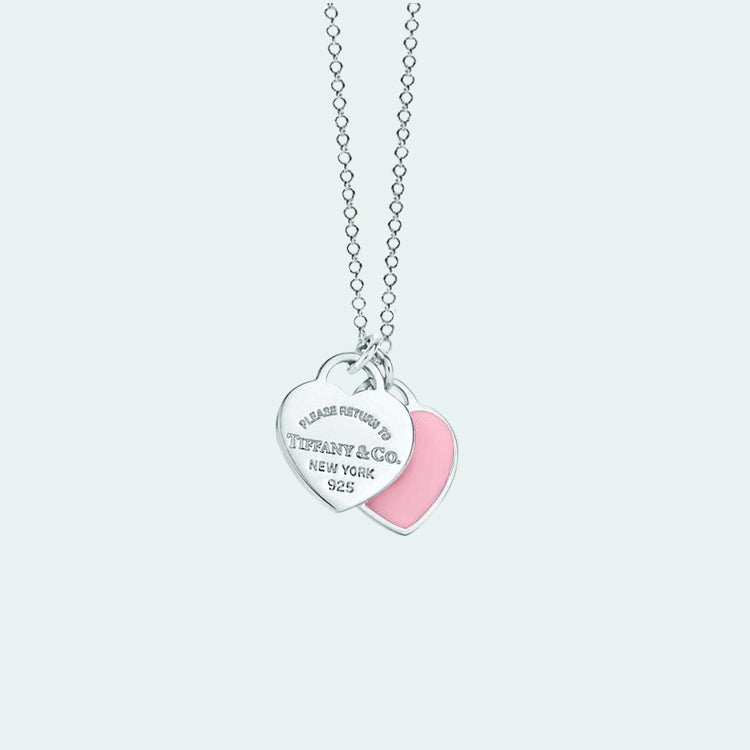 Double Heart Tag Enamel Necklace – Blue Edition