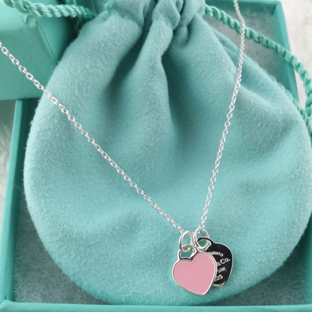 Double Heart Tag Enamel Necklace – Blue Edition